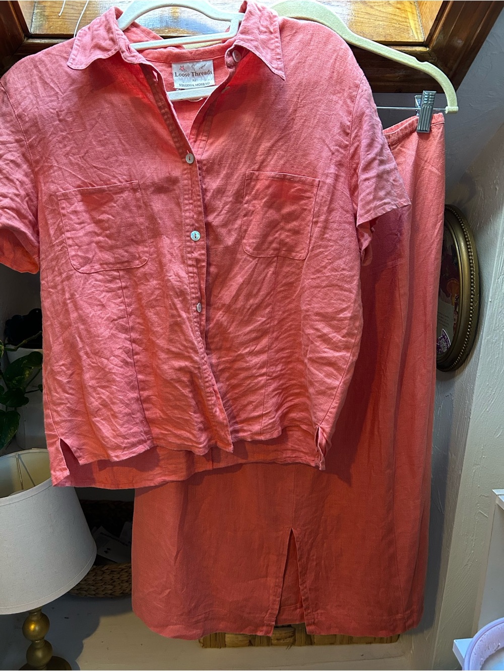 Coral Linen Button-Up Shirt & Skirt Set